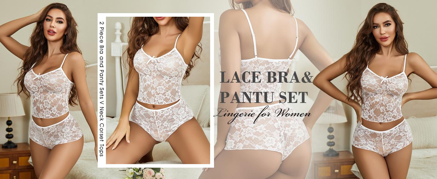 Avidlove Lace Bra and Panty Set V Neck  Lingerie 2 Piece Mesh Bralette Set
