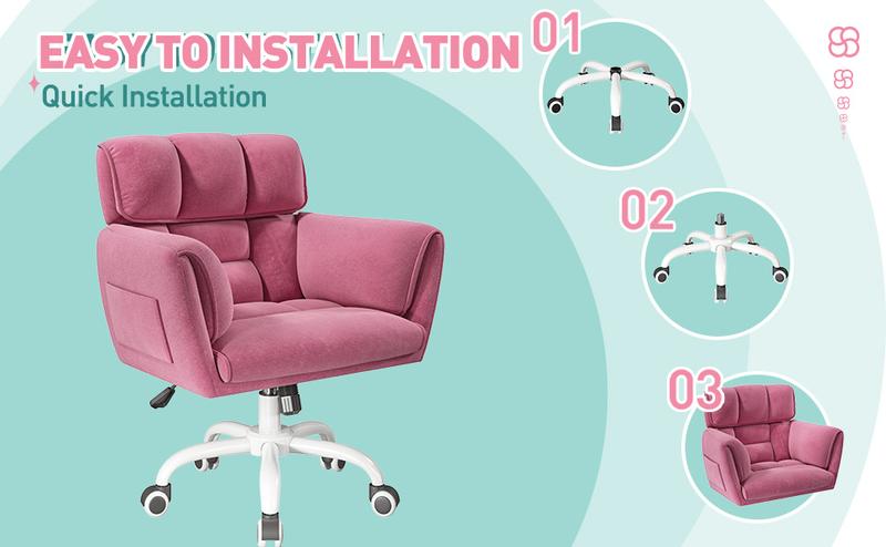 Raybee Cute Vanity Chair with Back Skin-Friendly Material, Modern Adjustable Height Upholstered ,Home Office Makeup Chair with Wheels, Comfy Gaming Chairs with Side Pockets for Bedroom