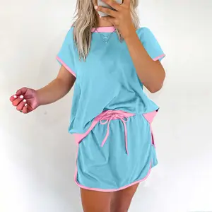 Turquoise Colorblock Edge Drop Shoulder T Shirt and Skort 2Pcs Set