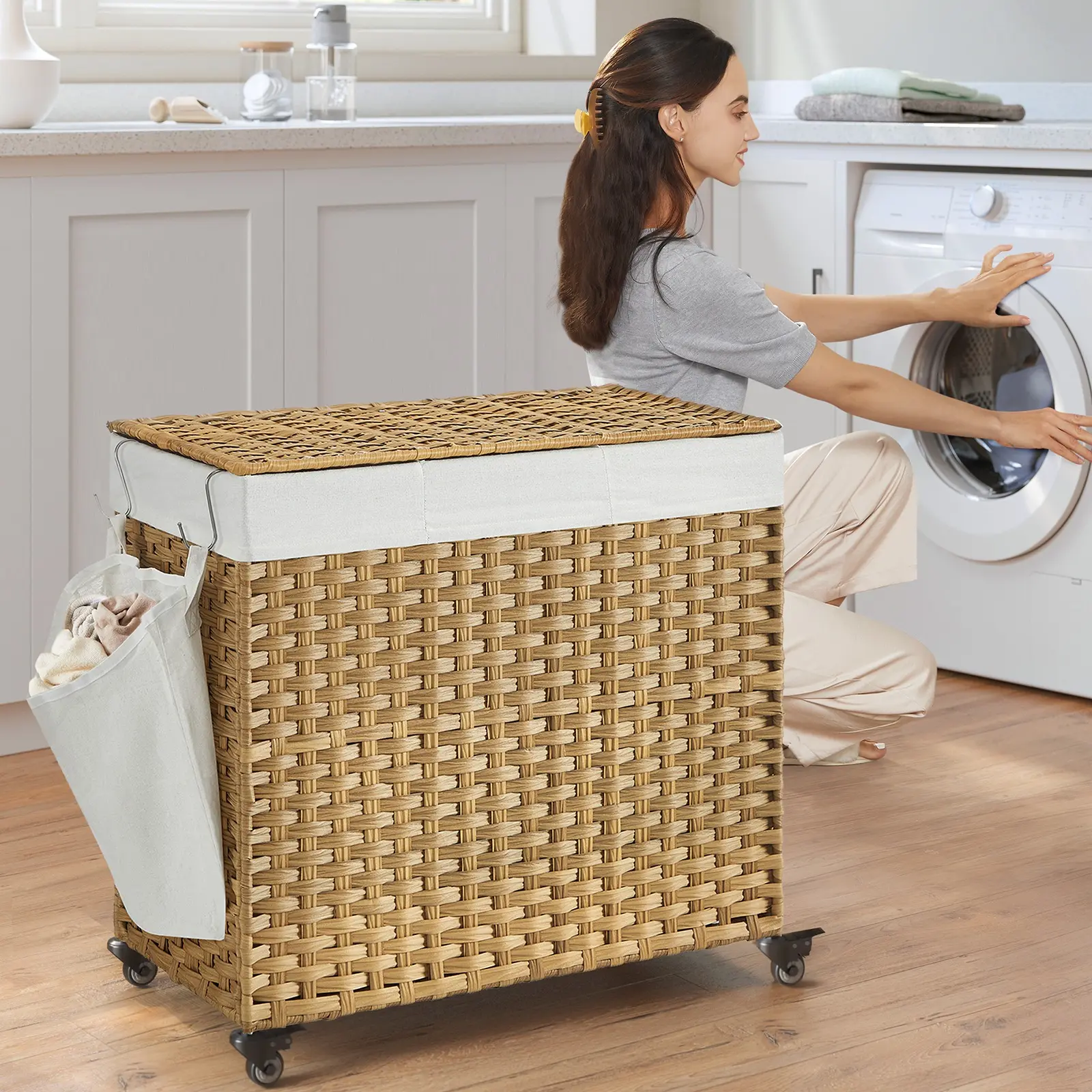 SONGMICS Laundry Hamper with Lid,  Large Capacity, Rolling Laundry Basket with Wheels, 3-Section Synthetic Rattan, Removable Liner,dorm room inspo,college dorm essentials,dorm haul