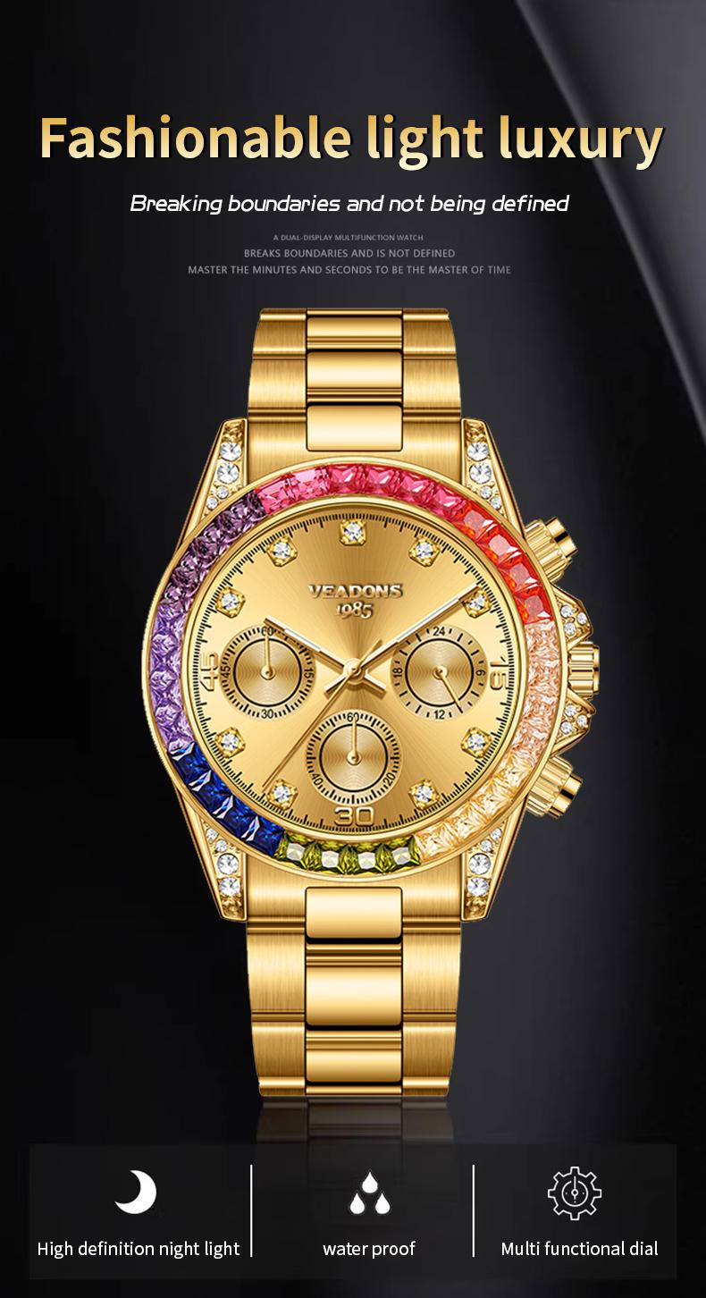 VEADONS Men's Business Fashion Rhinestone Decorated AnalogQuartz Watch Rainbow Crystal Chronograph Quartz Movement Luminous Date WaterResistant for Party Daily Wear Birthday Gift with Box