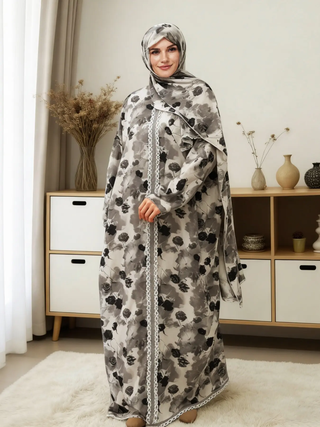 Women's Ditsy Floral Print Contrast Lace Modest Muslim Prayer Dress with Integrated Hijab, Elegant Batwing Sleeve Maxi Kaftan for Daily Wear, Ladies Islamic Clothing for All Seasons