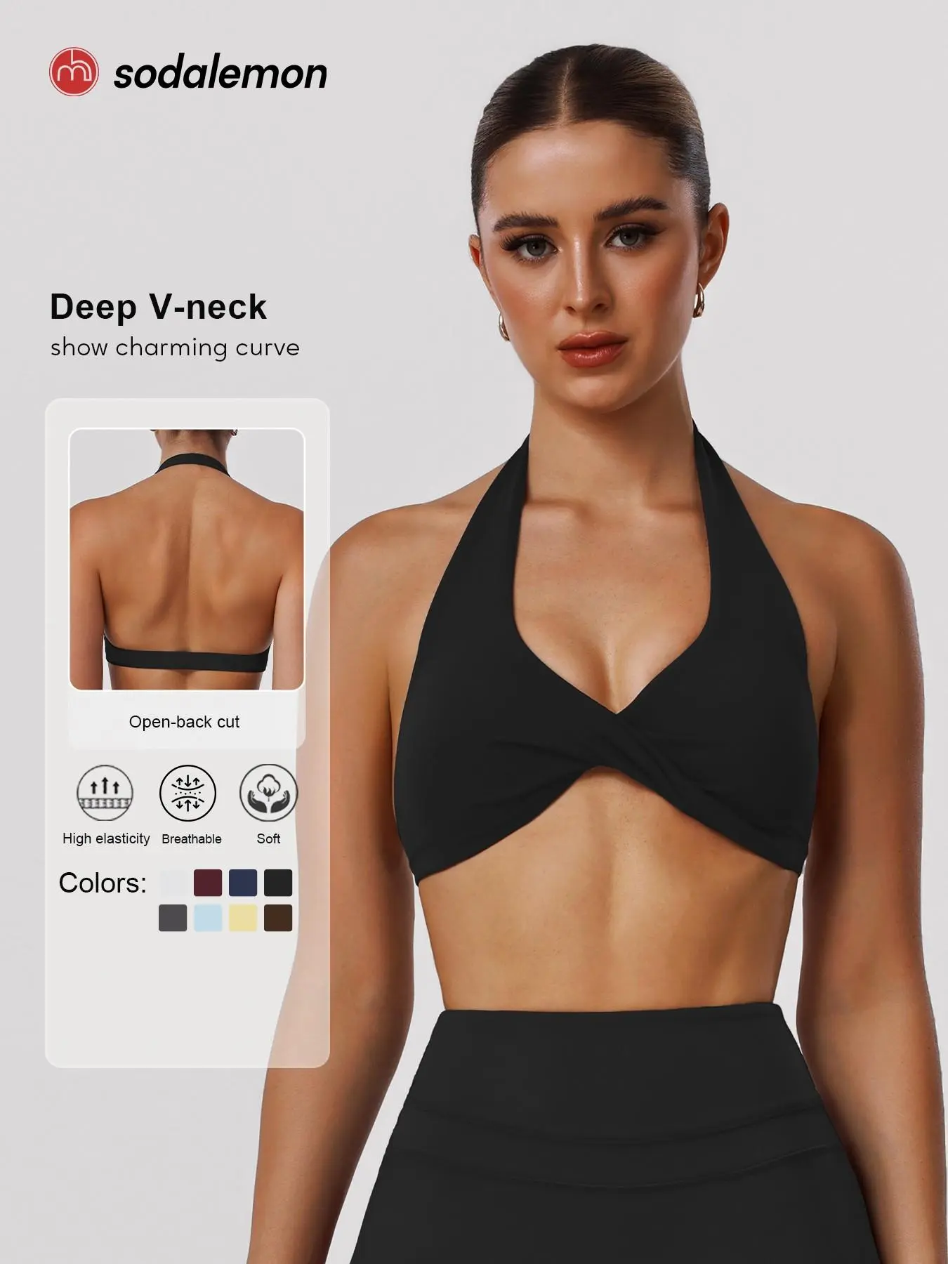 Sodalemon Women, halter neck twist-front yoga sports bra, v-neck open-back workout top, outdoor pilates fitness sports bra
