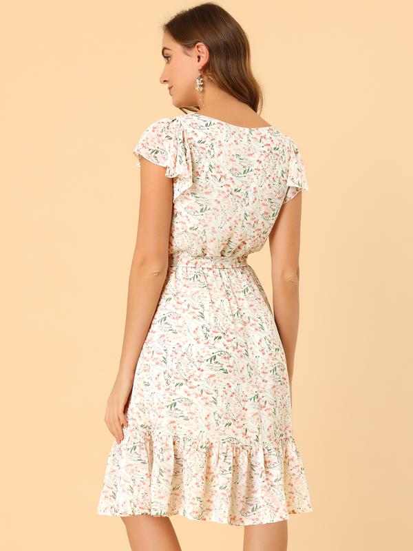INSPIRE CHIC Floral Chiffon Flutter Sleeve Belted Square Neck Ruffled Hem Dress White-Floral