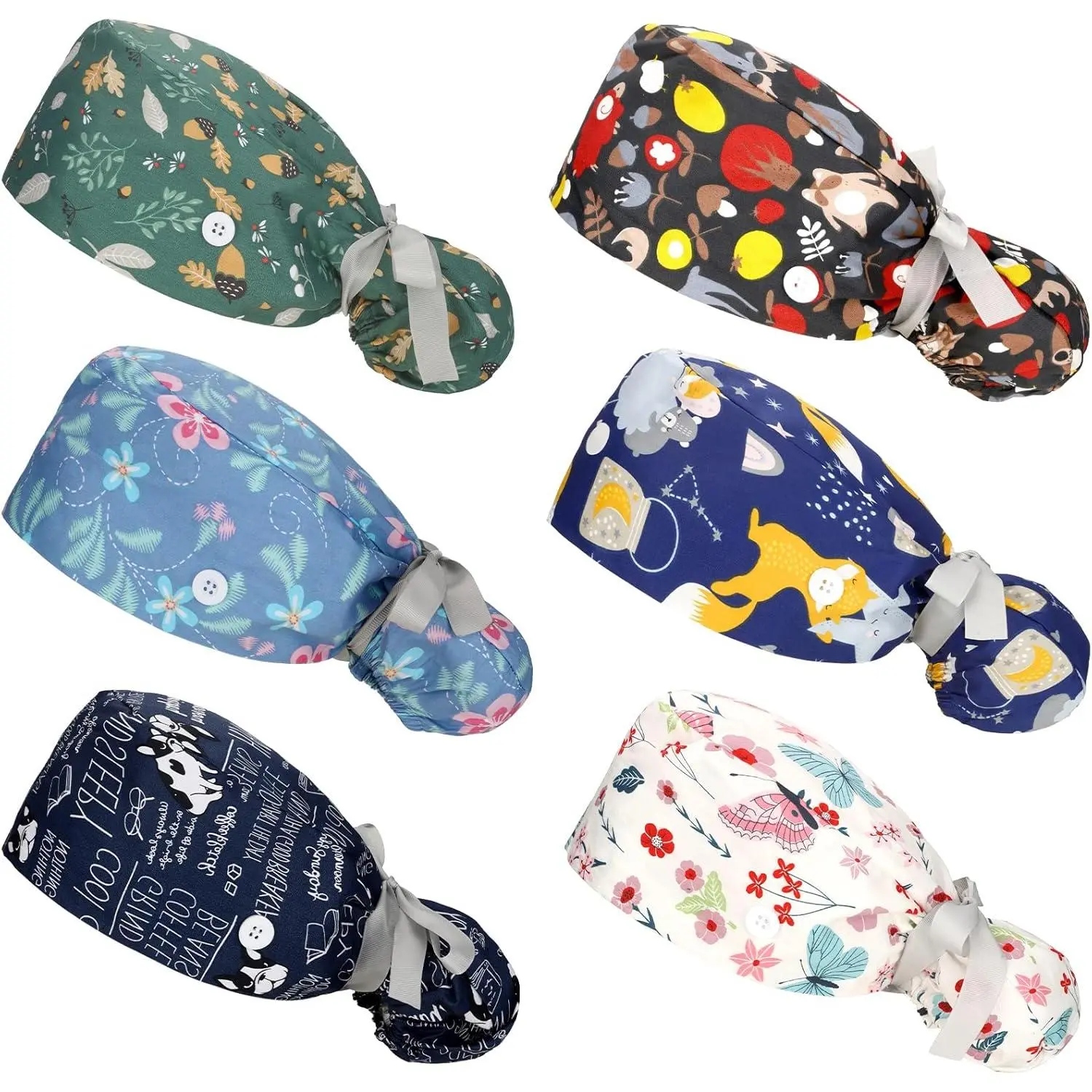 Women's 6-Pcs Scrub Caps Set with Buttons, Adjustable Bouffant Nurse Ponytail Holder with Turban Patterns, Hand Tools Kit for Home Protection, Beauty Spa, Fitness, Facial Treatments (Ponytail Stays Put)