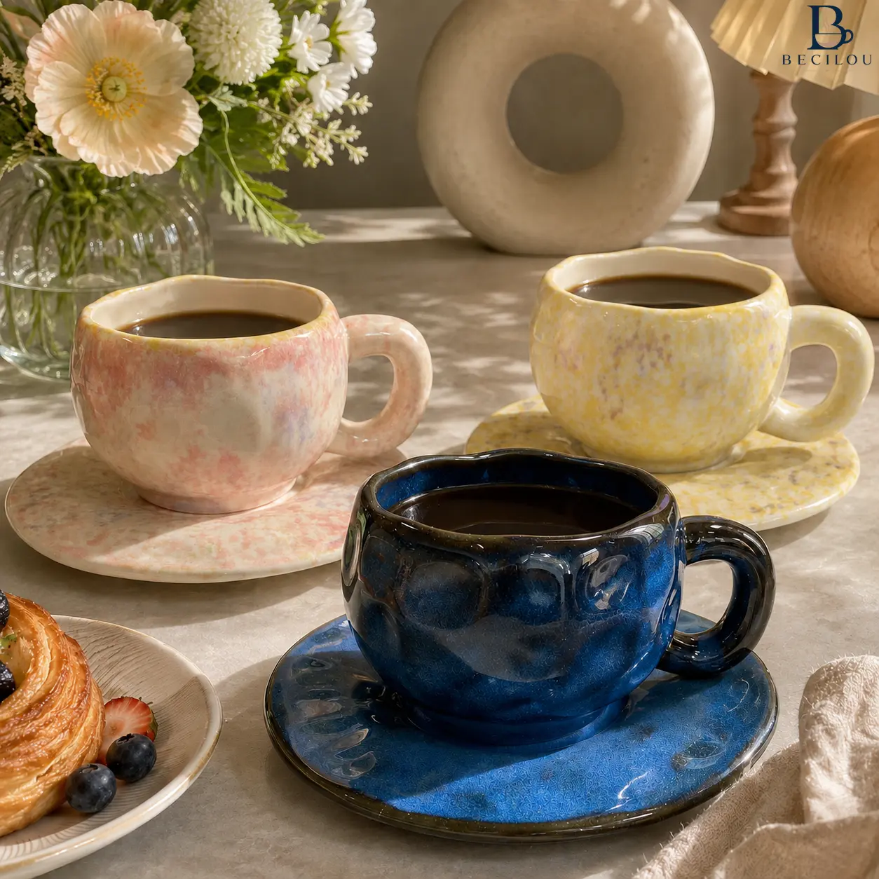 BECILOU Creative Ceramic Mug Set, 8.5 oz Reactive Glaze Coffee Cup & Saucer, Irregular Wavy Rim Espresso Mug for Home & Office, Gift for Coffee Lovers