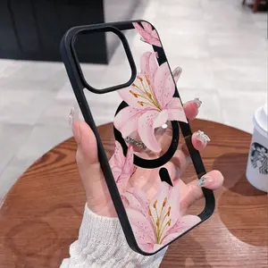 Pink Lilies Magnetic Phone Case Is Suitable For IPhone 16/15/14/13/12 Pro/11/XS Max 68 Plus. It Features A Fashionable And  Pattern Design. The Transparent Case Comes In Multiple Colors And Is A Classic Shockproof Mixed Transparent Phone Case Gift.