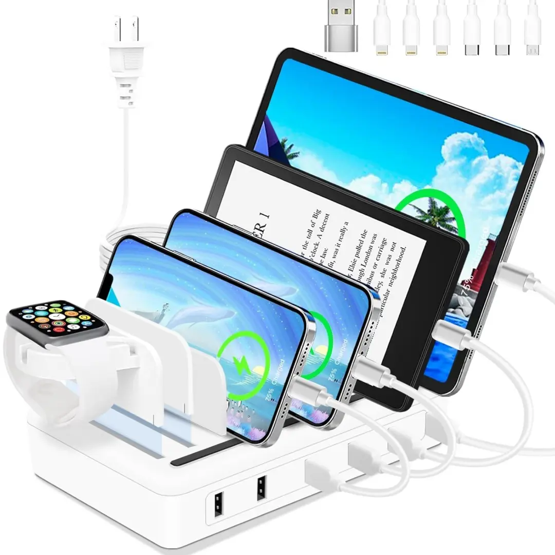 50W 6-Ports USB Fast Charging Station for Mobile Devices - 10-Slot, Removable Compartments, Watch Slot, USB-C Compatible, 6-Piece Set with Included Cables, White (Fits Smartphones, Tablets)