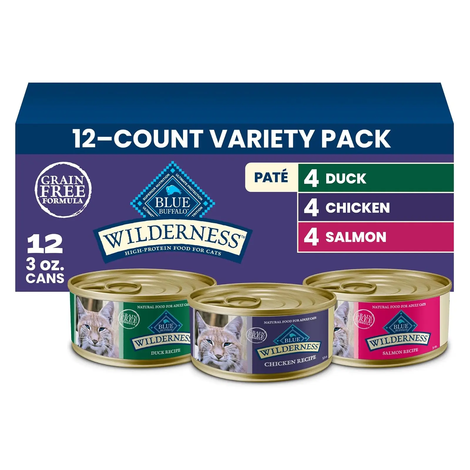 Blue Buffalo Wilderness Variety Pack Adult Paté Wet Cat Food, 3 oz, 12 ct Chicken, Salmon, and Duck Patés (4 of Each), High Protein & Grain-Free Recipes, Supports Daily Hydration