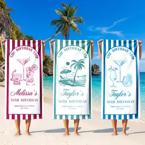 Personalized Custom Birthday Trip Beach Towel For Women And Mom Preppy Coastal Vacation Striped Microfiber Pool Towels Girls Trip Bachelorette Party Favors Summer Holiday Tropical Cocktail Aesthetic Gift Idea