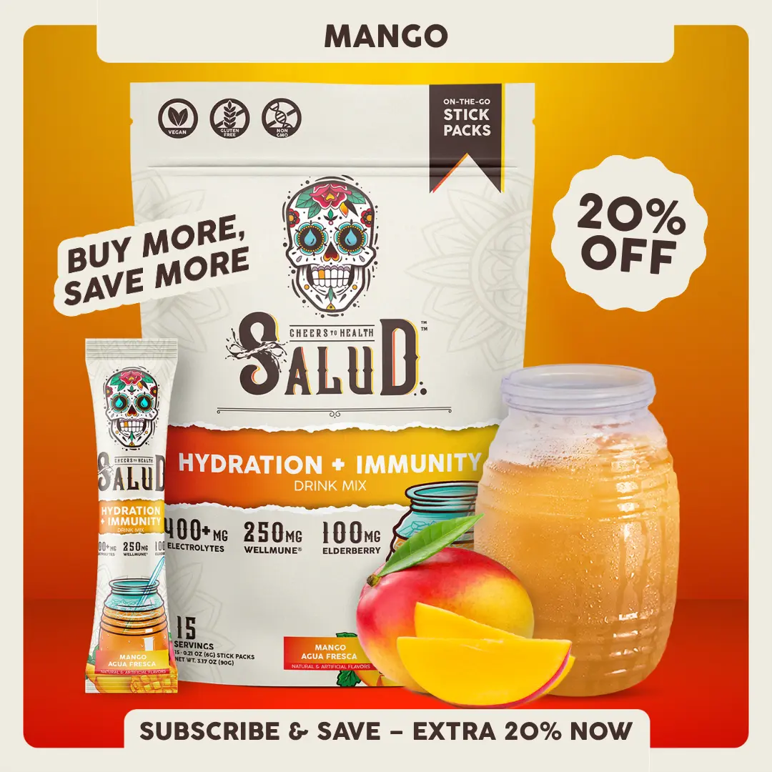 Salud 2-in-1 [Hydration + Immunity - Mango] Electrolytes Powder, Agua Fresca Drink Mix, Elderberry, Dairy & Soy Free, Non-GMO, Gluten Free, Vegan, Low Calorie, 1g Sugar (15 Servings)