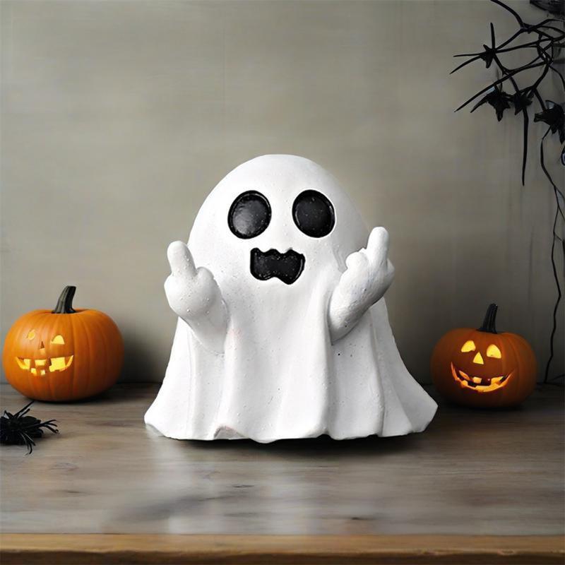 MUNBYN Halloween Gift Ghost Figurine - Funny Middle Finger Ghost Statue for Pranks - Cute Ghost Decor for Halloween Decorations Stone Ornament