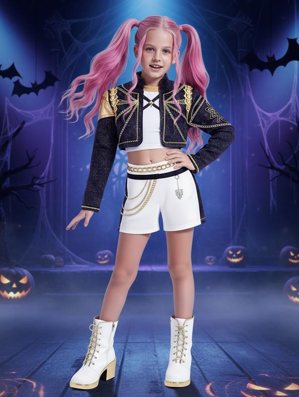 Kpop Demon Hunters Costume Rumi, Halloween Party, K-Pop Demon Hunters Costume Rumi Mira Zoey Outfit Cosplay Accessories, K-Pop Girls Cool Short Sleeve Crop Top Skirt Set, Mira Role Play Costume