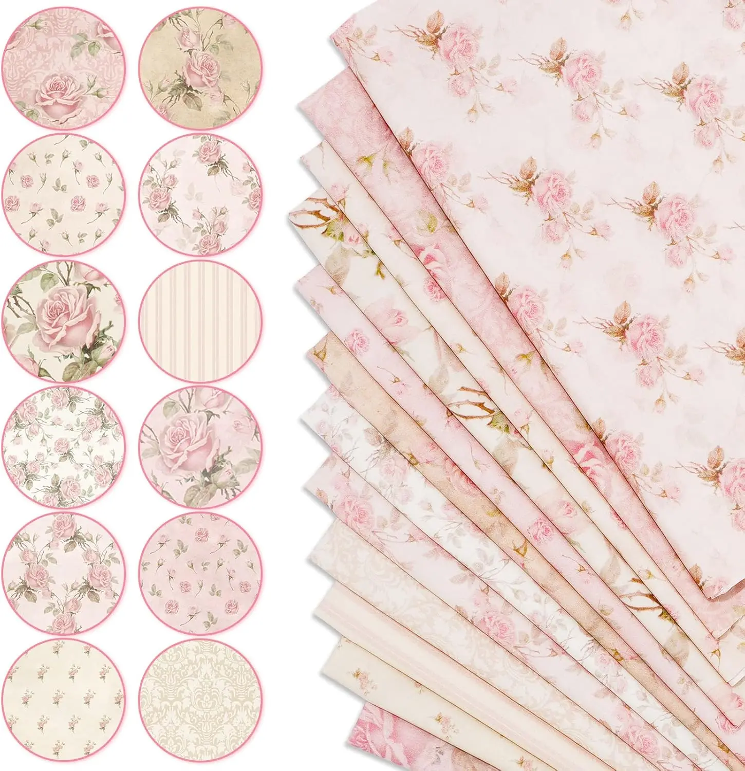 12-Piece Odorless Cotton Fat Quarters Bundles - 20x20in Pre-Cut Squares, Fade-Resist Wash, Soft Texture, Retro Spring Rose/Gingham/Stripes Prints, Quilting Supplies for Sewing Enthusiasts, DIY Bags & Home Decor