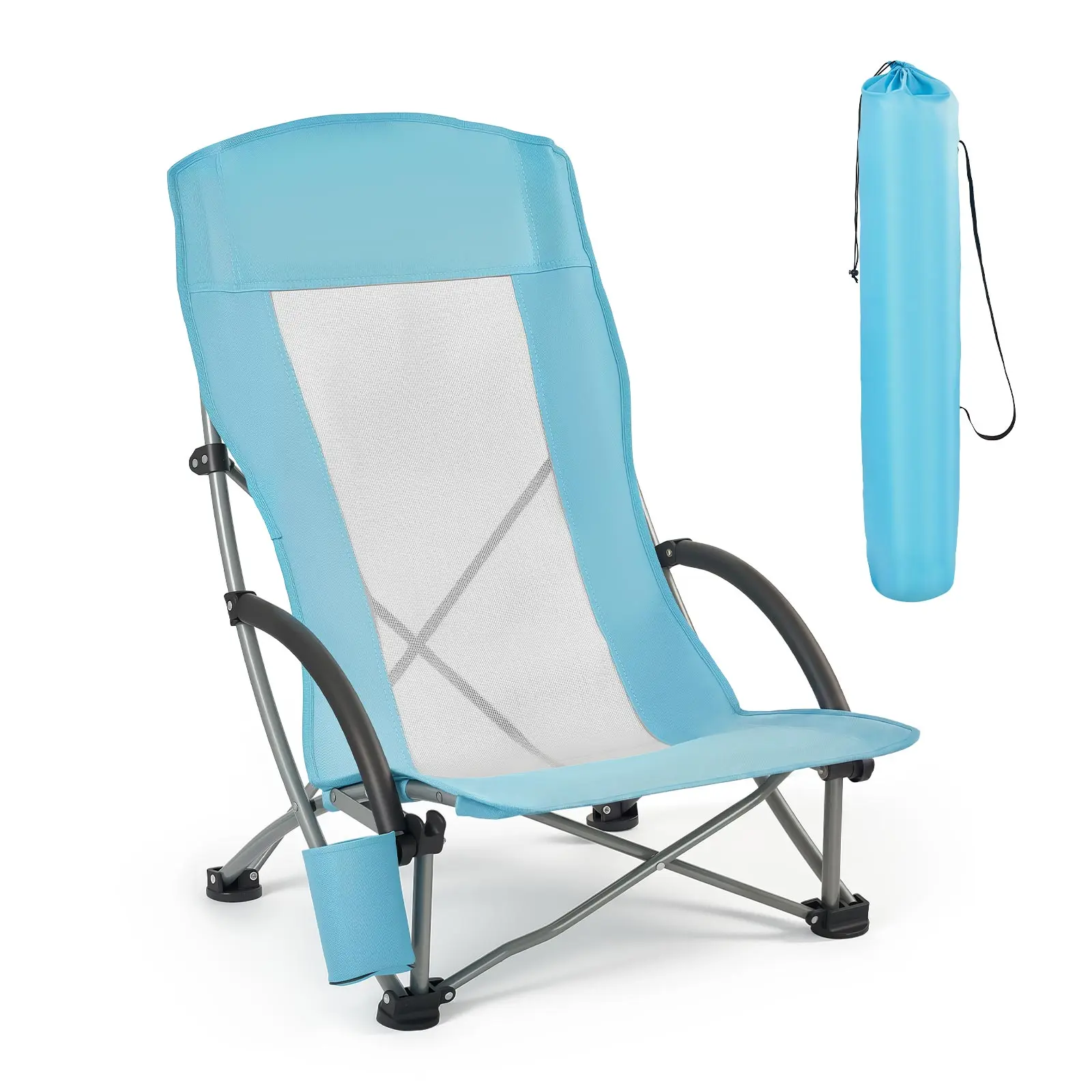 【SummerFinds】VEVOR Folding Beach Chair, High Back Camping Chairs for Adults, with Cup Pocket, Mesh Back, Carry Bag, Portable Extra Wide Seat Chair 330 lbs Heavy Duty Support, for Outdoor, Camp, Light Blue