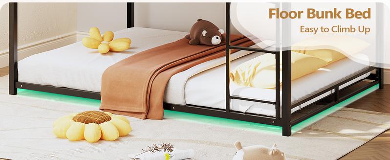 JOYMOR Bunk Bed Twin Over Twin, Metal Twin Size Bed Frame with Safety Guardraild for Boys Girls, Junior, Low Profile Space Saving Design, Mattress Not Included