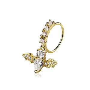 CZ Crystal Lined Hoop with Dangling Bat Charm Bendable Nose Ring - 316L Stainless Steel