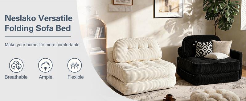 【Valentine’s Day Gift】 63.77" Boneless Foldable Sofa Bed by Neslako, Cloud Couch Sleeper Sofa with High Resilience Memory Foam, Removable Corduroy Cover, One Touch Folding Design, No Assembly