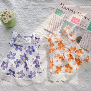 Pet Clothes Dog Cat Princess Dress Flying Short Sleeve Floral Lace Print Cute Breathable Summer D00053