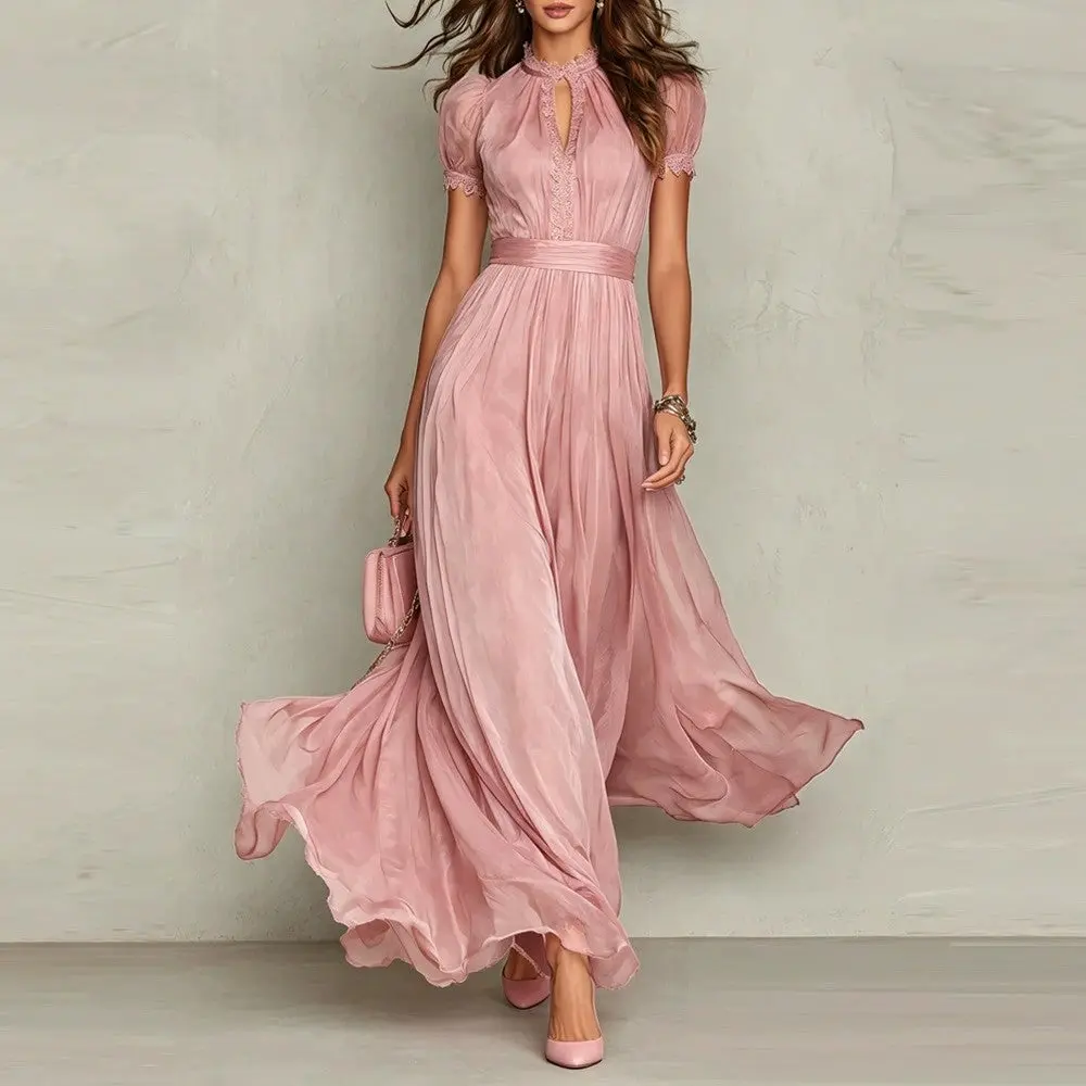 Elegant Lace Collar Chiffon Dress
