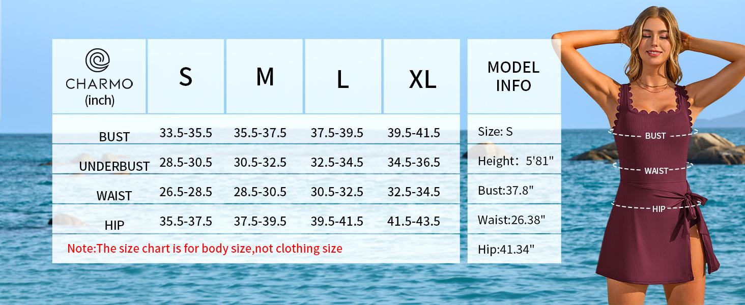 Charmo One Piece Swim Dress Scalloped Modest Swimsuits for Women Tummy Control Bathing Suit with Skirt Square Neck