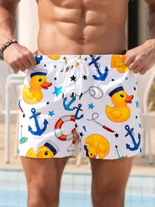 Men's little yellow duck sailing printing quick-drying beach shorts, light and breathable fabric, drawstring waist, childlike vacation style, suitable for daily street and seaside vacations and other scenes