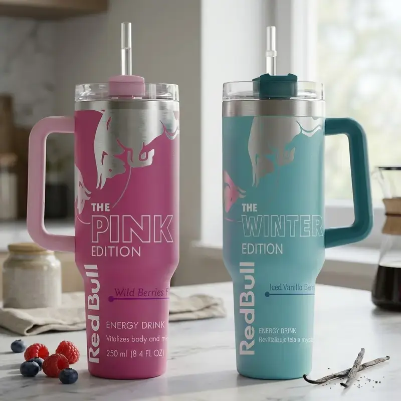 [Collection] 40oz/20oz Stainless Steel Insulated Tumbler with Handle, Straw & Lid - Pink, White, Black, Blue, Purple Bull Edition Style - Portable Reusable Coffee Water Bottle, Double Wall Vacuum Kitchen Drinkware