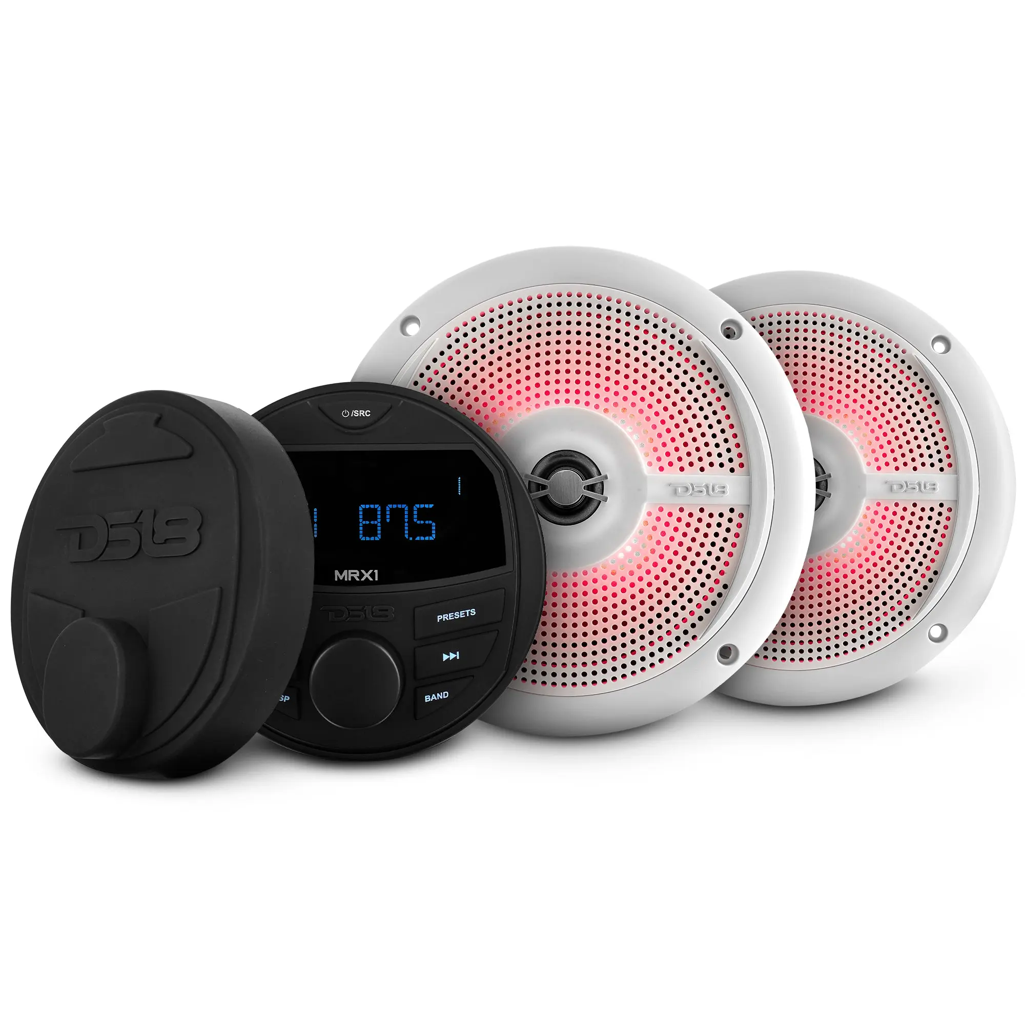 DS18 Marine & Powersports Waterproof Audio Receiver & 6.5" Speaker Package (MRX1, 2 X NXL-6SL/WH) - White Audio Device with Charging Function, Built-in Subwoofer & Watts Rating