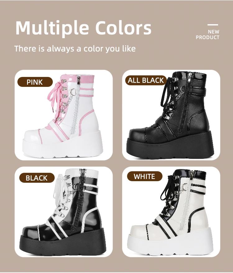 Platform Ankle boots for Women Goth Rave Boots Kawaii Shoes Cute Heart Lace Up Rave Wedge High Heel Round Toe Combat Boots Zipper Wedges Mid Calf Booties with Chain Outdoor Dress