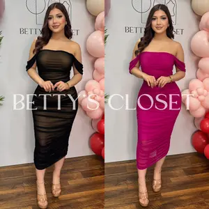 Carmela Off-shoulder Ruched Bodycon Mesh Midi Dress