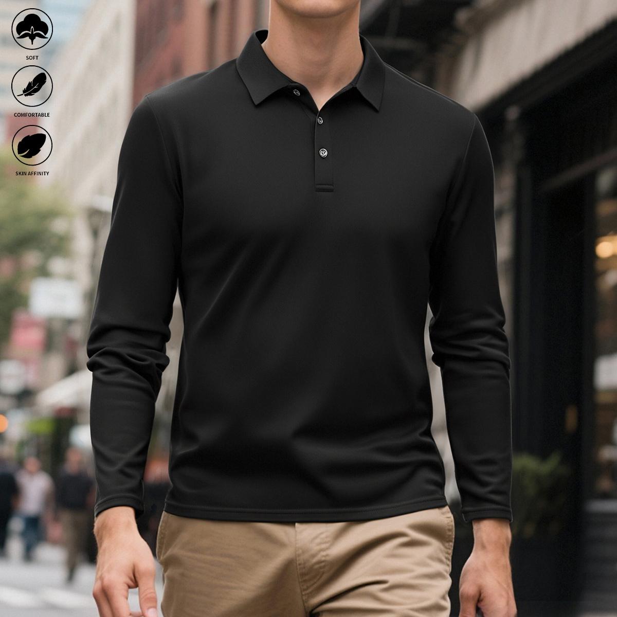 5PCS Men’s Soft Long Sleeve Polos – Solid Design & Skin-Affinity, Comfortable Fabric, TikTok Popular, Ideal for Casual Fall Outfits & Gifts for Him collar cuff design everyday commute
