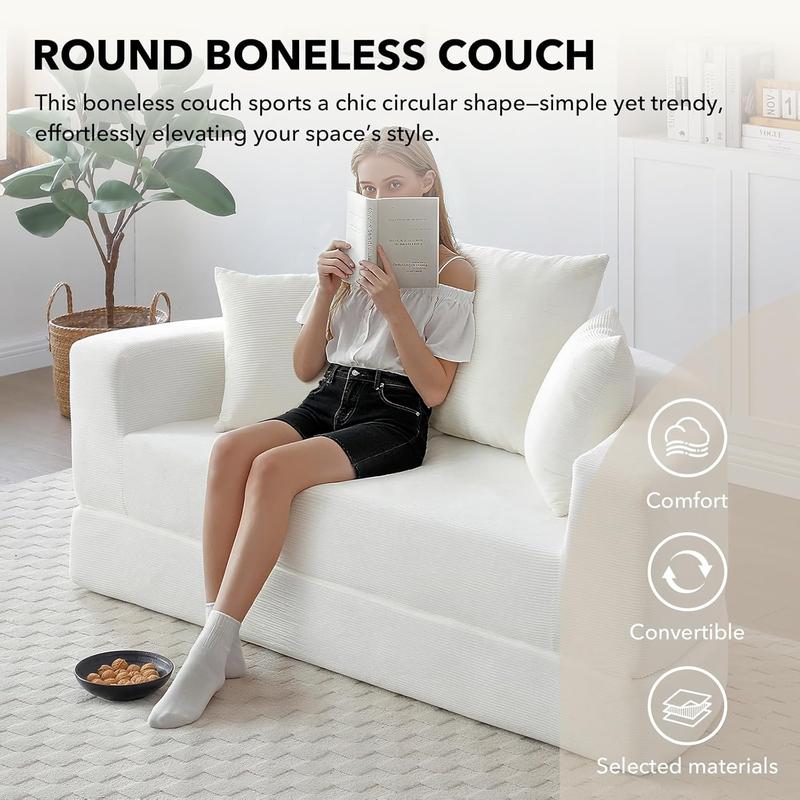 Round Boneless Couch, Corduroy Upholstered Folding Convertible Sofa Bed with Pillows, 2-in-1 Futon Sofa Bed with Half-Circle Design, Comfy Loveseat for Living Room, Apartment (Beige)