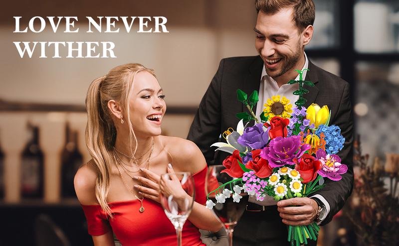 Flower Bouquet Building Set, 18 Roses & Botanical Collection, 1015 PCS Building Blocks, Home Decor Gift for Her, Adults, Women, Kids 6-12+