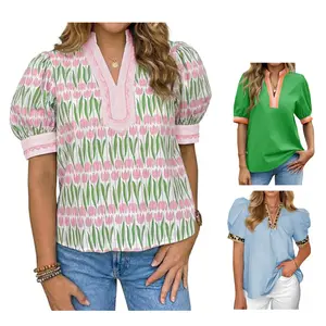 Tankaneo Women's Puff Sleeve  Blouse Tops Summer Dressy Casual V-Neck Shirts Color Block Loose Fit Tees
