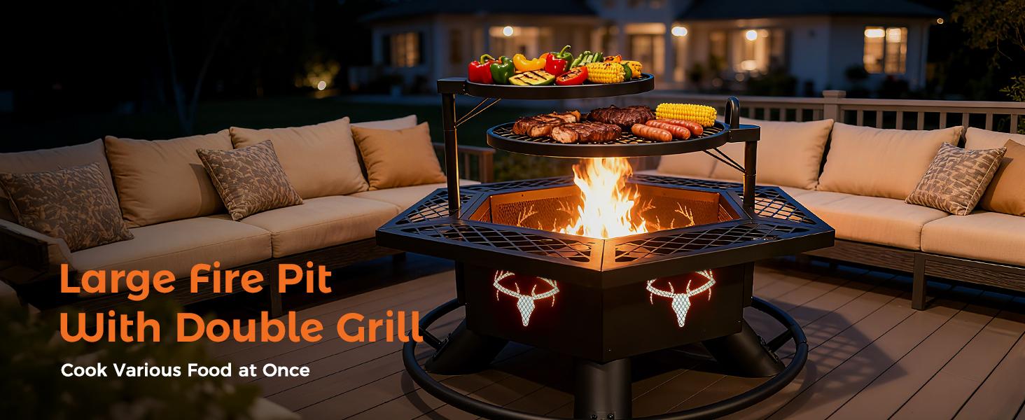 BALI OUTDOORS Hexagon Fire Pit with BBQ Grill 37.5" Outdoor Fire Pit for Wood Burning Patio Firepits with Adjustable Grilling Plates and Charcoal Tray TikTokShopBlackFriday