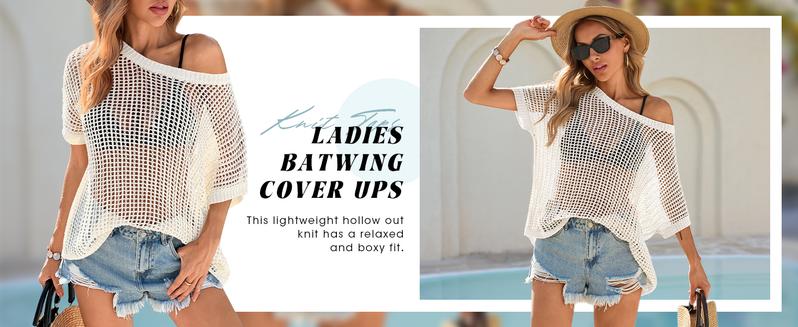 Imily Bela Crochet Sweater Tops Batwing Short Sleeve Oversized Boat Neck Boho Knit Summer Beach Cover Ups