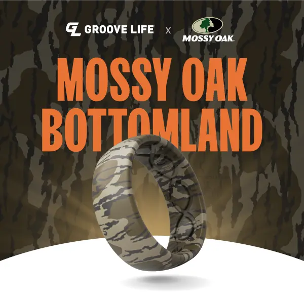 Groove Life Mossy Oak Bottomland Camo Silicone Wedding Ring for Men, Breathable Comfortable Fit Flexible Mens Rubber Ring, Camouflage Design Pattern, Safe Breakaway Design Built for Outdoors, Work, Gym, & Everyday