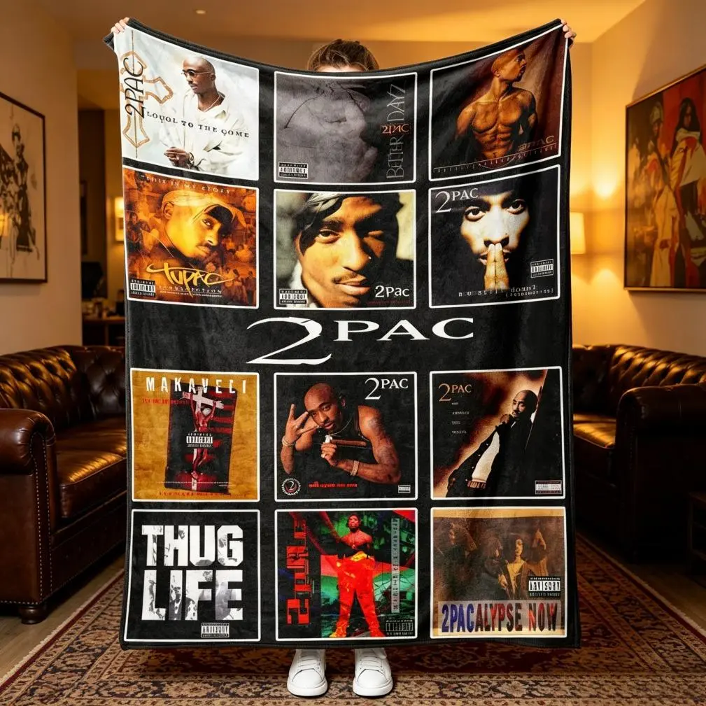 2Pac Tupac Shakur Album Art Collage Plush Fleece Blanket - Makaveli Thug Life Soft Fluffy Throw, Birthday Gifts for 90s Rap Collectors, Sofa-Ready Hip Hop Fan Gift, Birthday Gifts Blanket