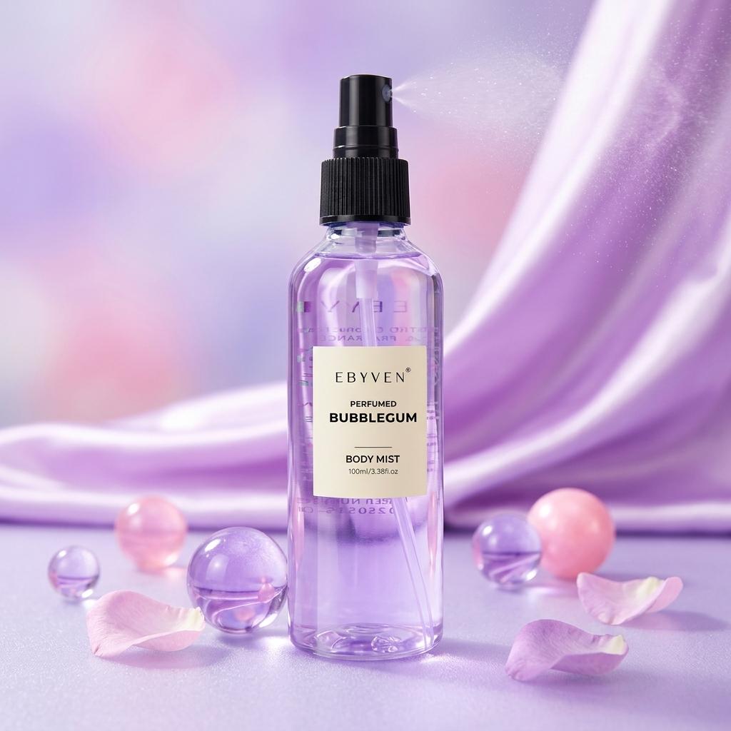 EBYVEN Bubblegum Hair & Body Fragrance Mist - Unisex Bubble Gum Perfume, Fruit-Candy-Rose-Musk Scent, Aromatic Fruity Liquid, Alcohol-Free Beauty Product, Contains Neither Alcohol, Up to 2.9 fl. oz. (100ml/3.3oz or 85ml), Single Item for Adults