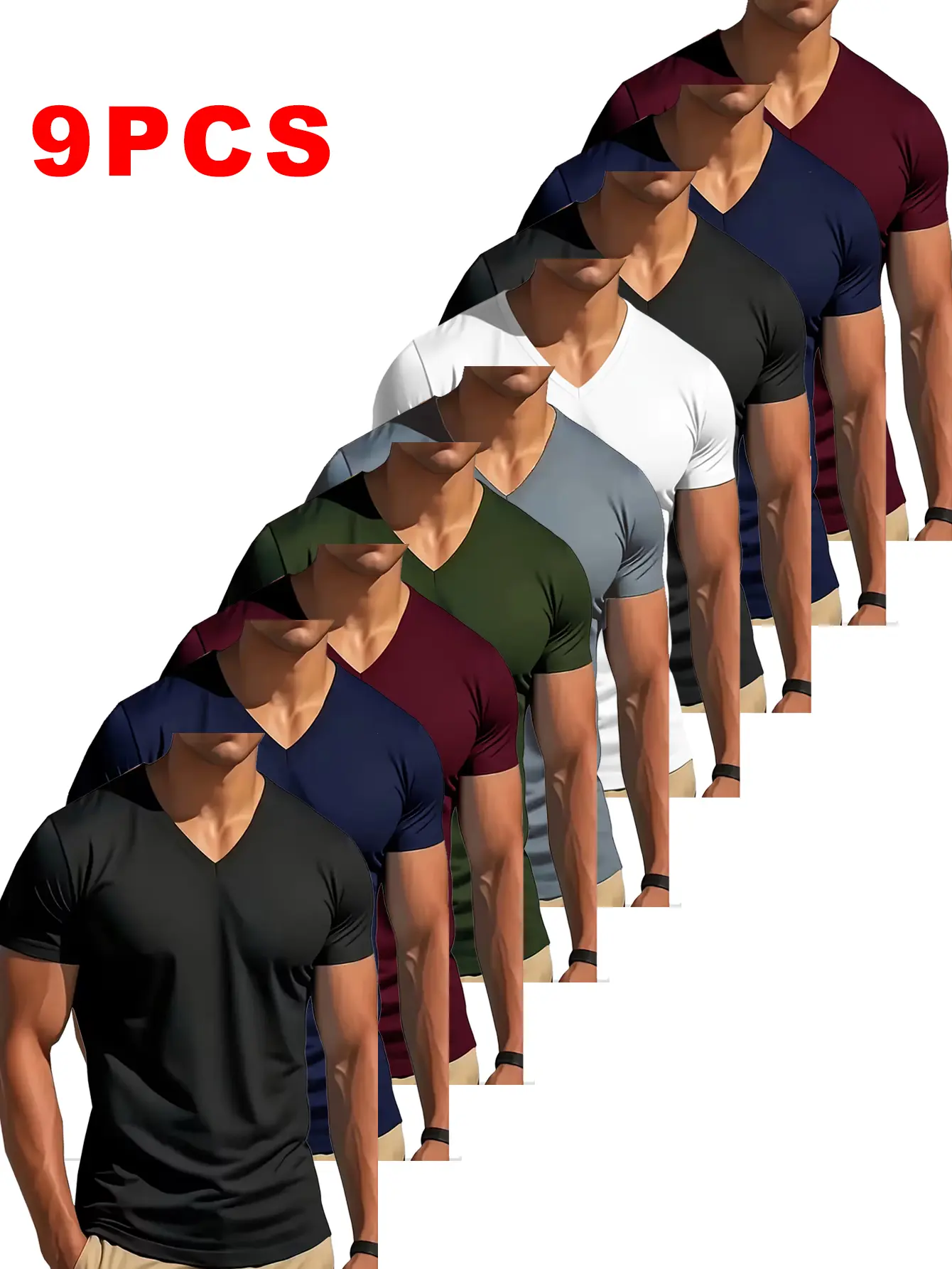 Men's T Shirts 9-Pack, V-Neck Slim Fit Short Sleeve Polyester Tops, Quick Dry Breathable Menswear Garment for Sports & Daily Wear, Badminton