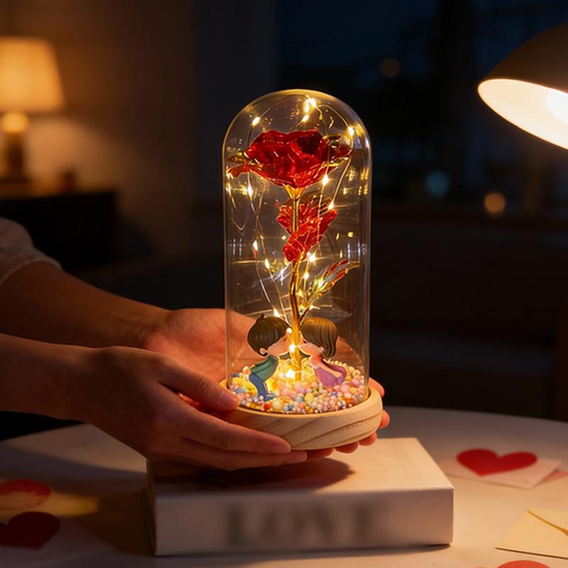 Valentine's Day simulation gilt roses, creative wooden base glass cover with couple dolls, colorful foam balls, AA battery power supply, gift box packaging suitable for Valentine's Day gifts, romantic night lights in home bedrooms