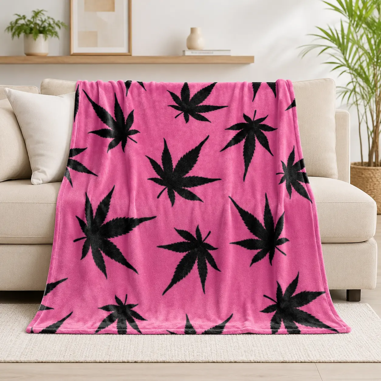 Pink Marijuana Leaf Pattern Flannel Blanket Soft Breathable 100% Polyester Cooling Blanket High Definition Digital Print Cozy Plush Throw Blanket for Bed Sofa Couch Bedroom Living Room Home Decor Birthday Gift for Adults