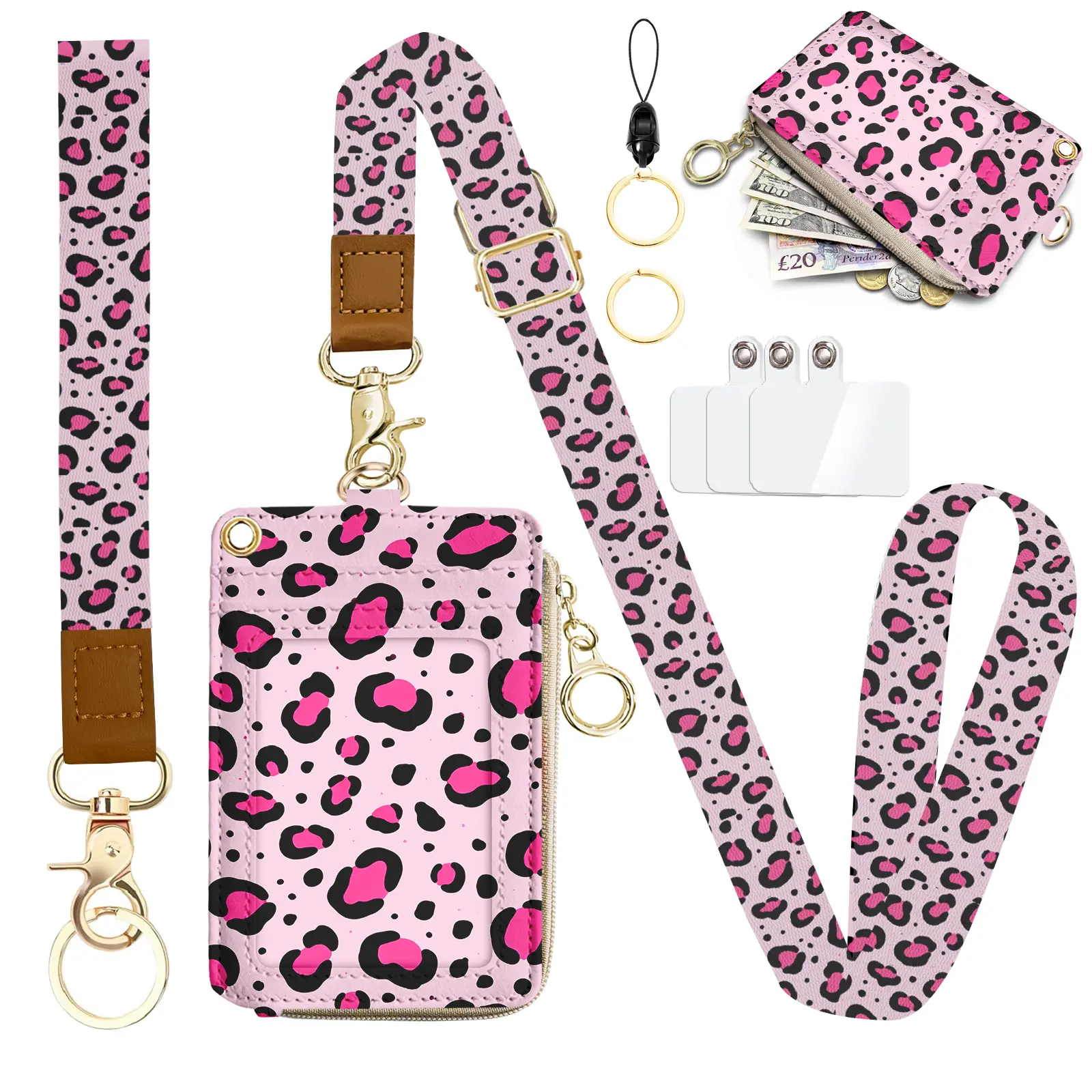 Lanyard Wallet, PU Leather Lanyards for ID Badges, RFID Blocking, ID Badge Holder with Zipper Pocket Detachable Phone Lanyard Keychain Wristlet for Women Teacher School,Pink Leopard Print