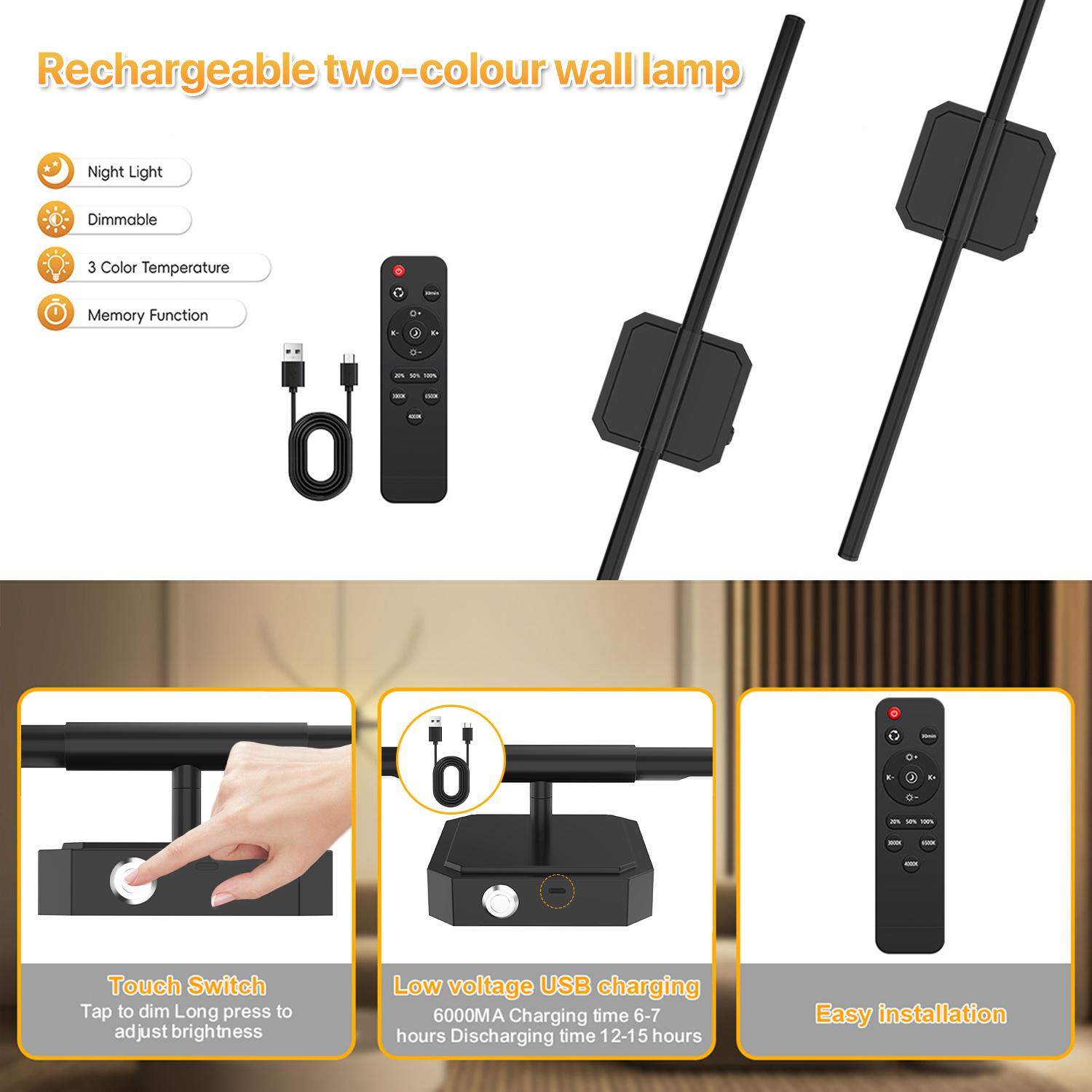 FLOWGO Bedroom Wall Lamps & Sconces With Remote Control, Dimmable Wall Sconces Set Of Two, Led Wall Mounted Light, 10000mAh Battery Operated Wall Sconce, Rechargeable Wall Lamp, 350°Rotate, 3000K-6000K, For Bedroom, Living Room, Hallway