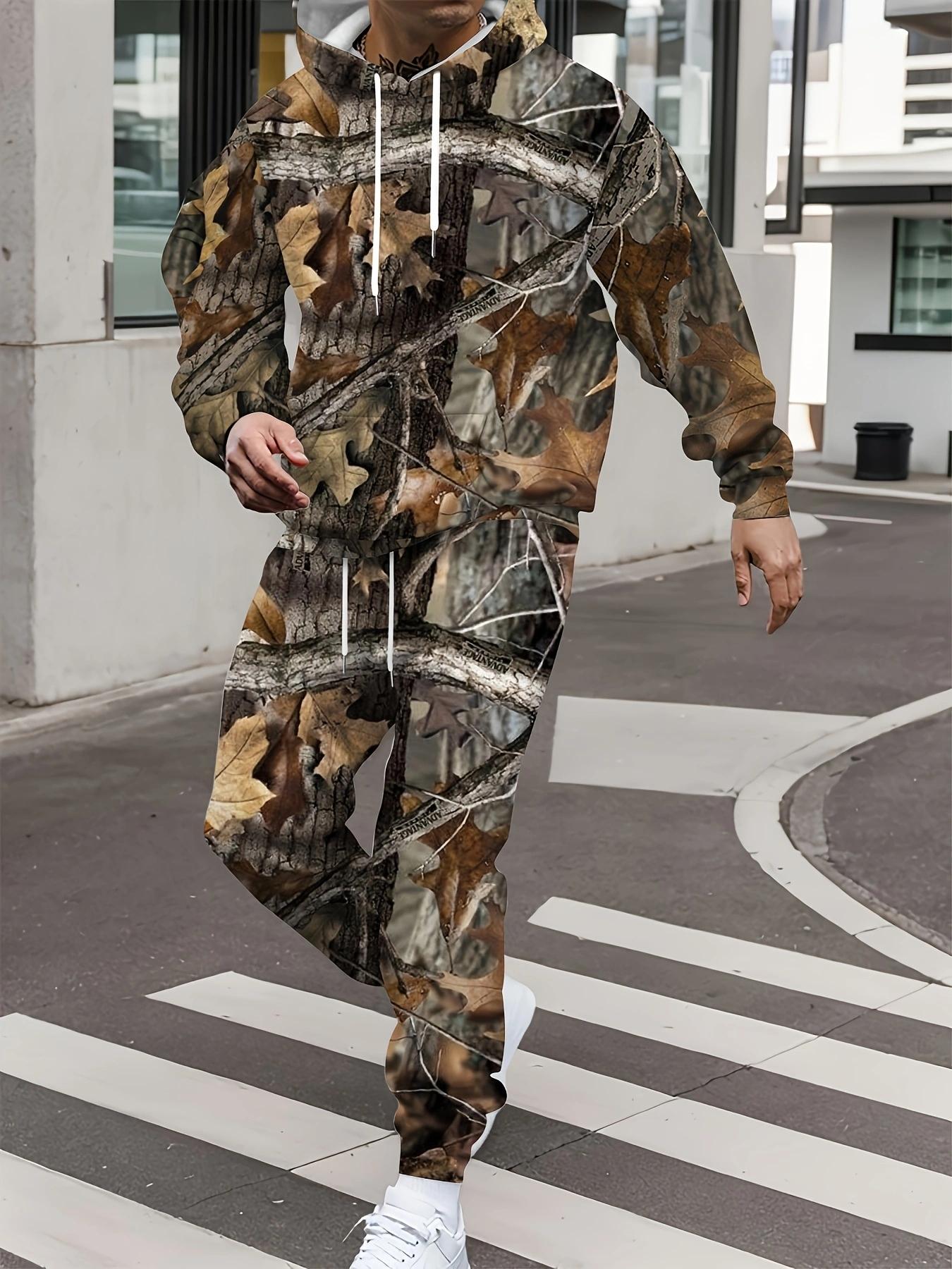 Men's Outdoor Camouflage Hoodie Set Trendy Street Sports Two-Piece Personalized Leaf Print Casual Jogger Set