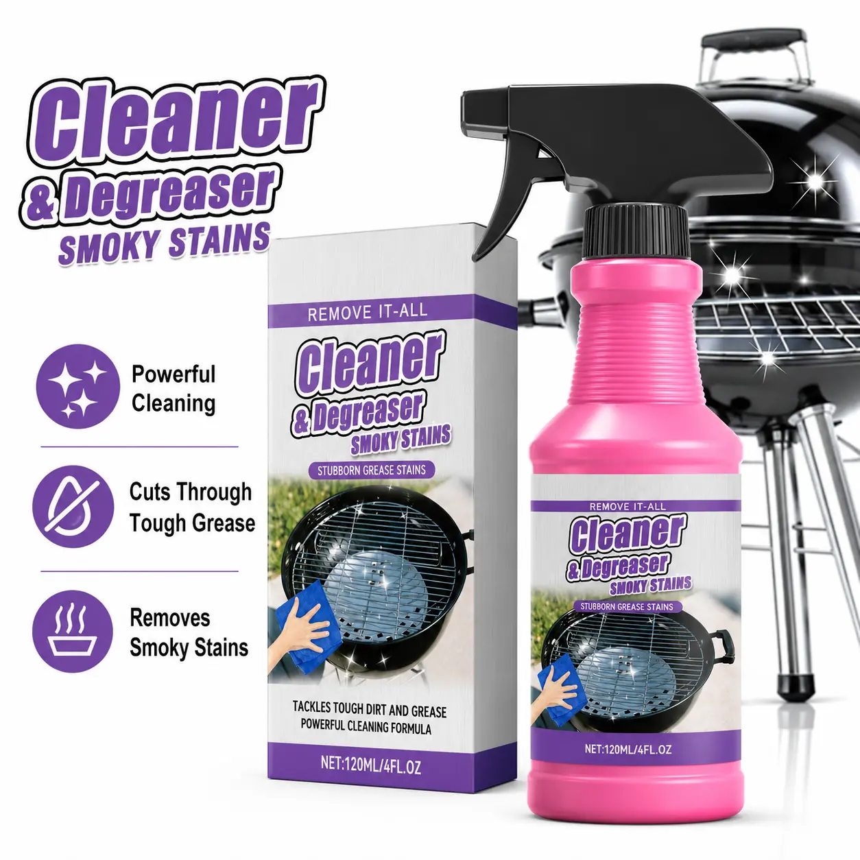 120ML Kitchen Cleaning Product Spray Bottle - Effective Stain Removal, Cuts Through Tough Grease, Easy to Use Household All-Purpose Cleaner for Barbecue Grill, Stove