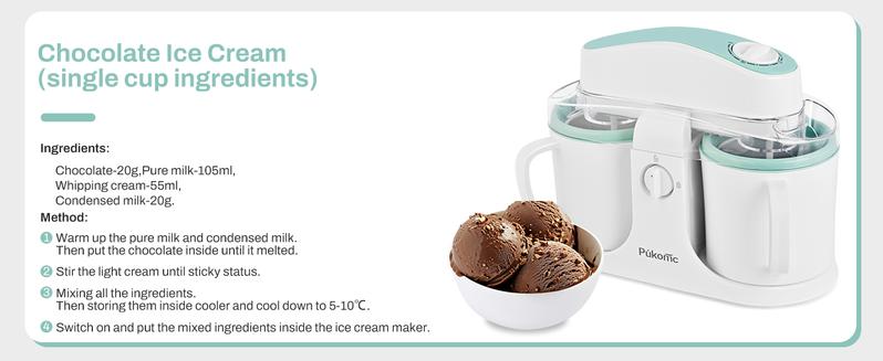 Pukomc Ice Cream Maker Machine for Home Use, with Two Ice Cream Bowls,Simple Operation and Easy to Clean,White Green