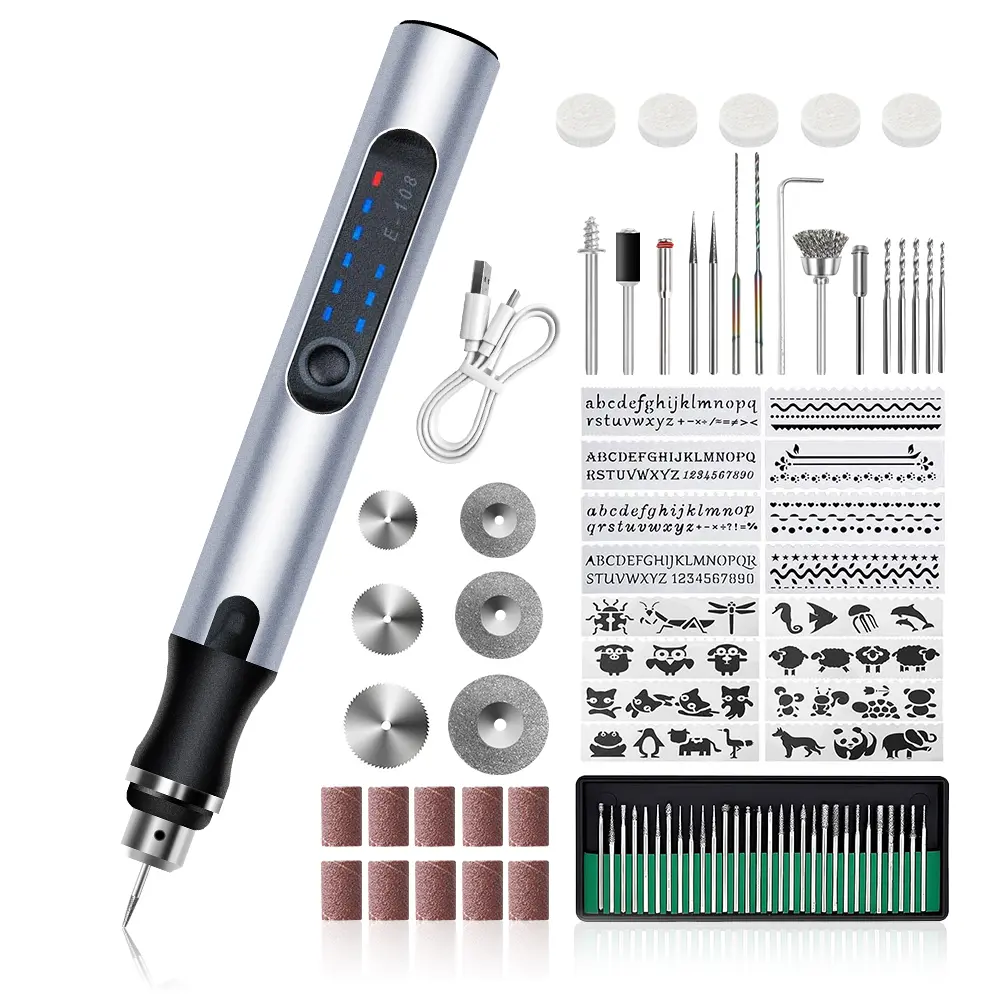 Silver USB-Rechargeable Engraving Pen Set - Batteries Built-In Multi-Tool for On-the-Go Craft, Engrave Grind Electric Angle Grinder, Processes Materials Like Wood/Metal/Glass Fine Processing, Compact DIY Customizing Must-Have, Grinds