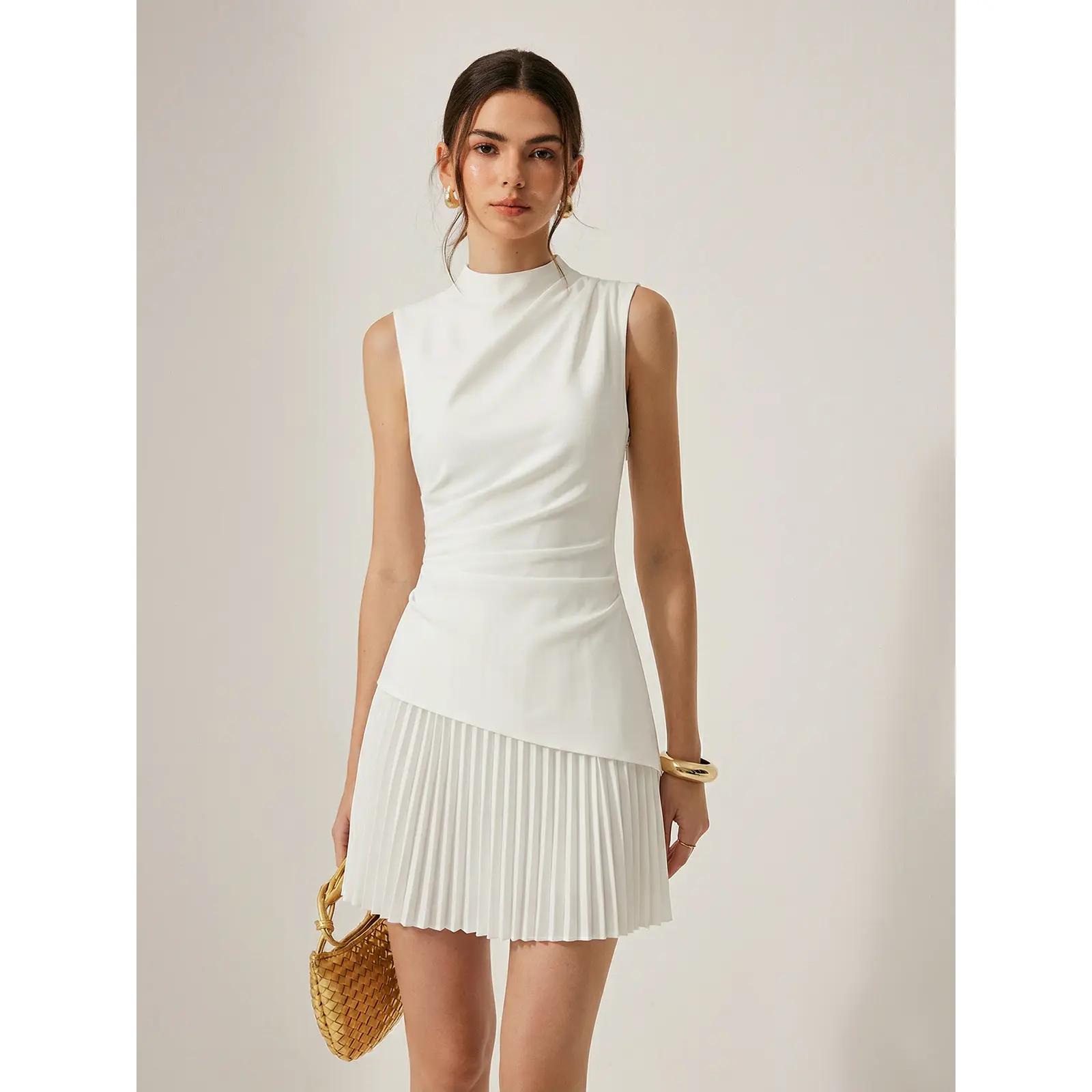 Women's Casual Chic Elegant Lady Sleeveless Asymmetrical Pleated Mini Dress, Pleated Mini Dress Casual Dresses