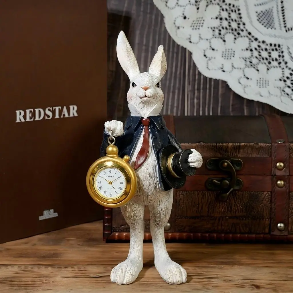 1 PC Vintage White Rabbit Clock Statue | Wonderland Inspired Home Decor | Resin Animal Figurine with Pocket Watch Detail Cute Desktop Decoration | Resin Animal Ornaments | Decorative Piece